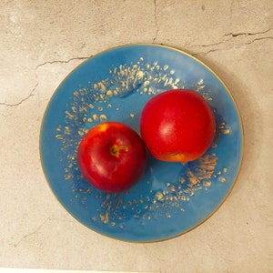 Enamel copper fruit bowl footed; Germany vintage copper bowl covered with blue enamel abstract pattern; Metal sweets bowl; Dia.9'' x H2''