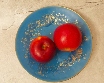 Enamel copper fruit bowl footed; Germany vintage copper bowl covered with blue enamel abstract pattern; Metal sweets bowl; Dia.9'' x H2''