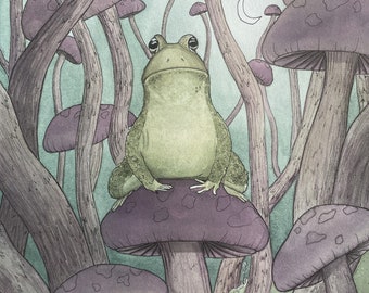 Toadstool Watercolor Print | Woodland Frog Wall Art | Cottagecore Illustration | Mushroom Art