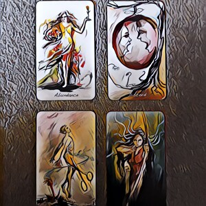 May include: Four tarot cards with colourful illustrations and text. The cards are Abundance, Discord, Sever, and Courage.