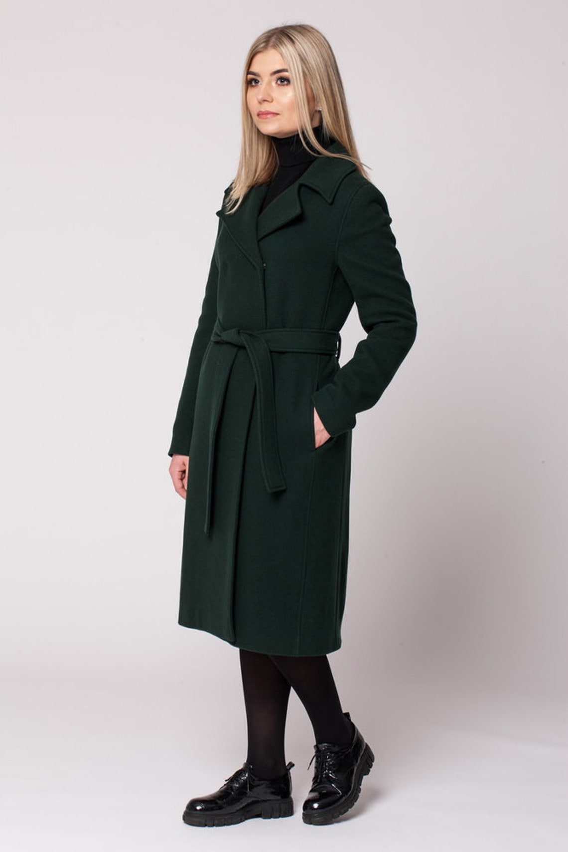 Green wool coat women Long belted coat women knee length | Etsy