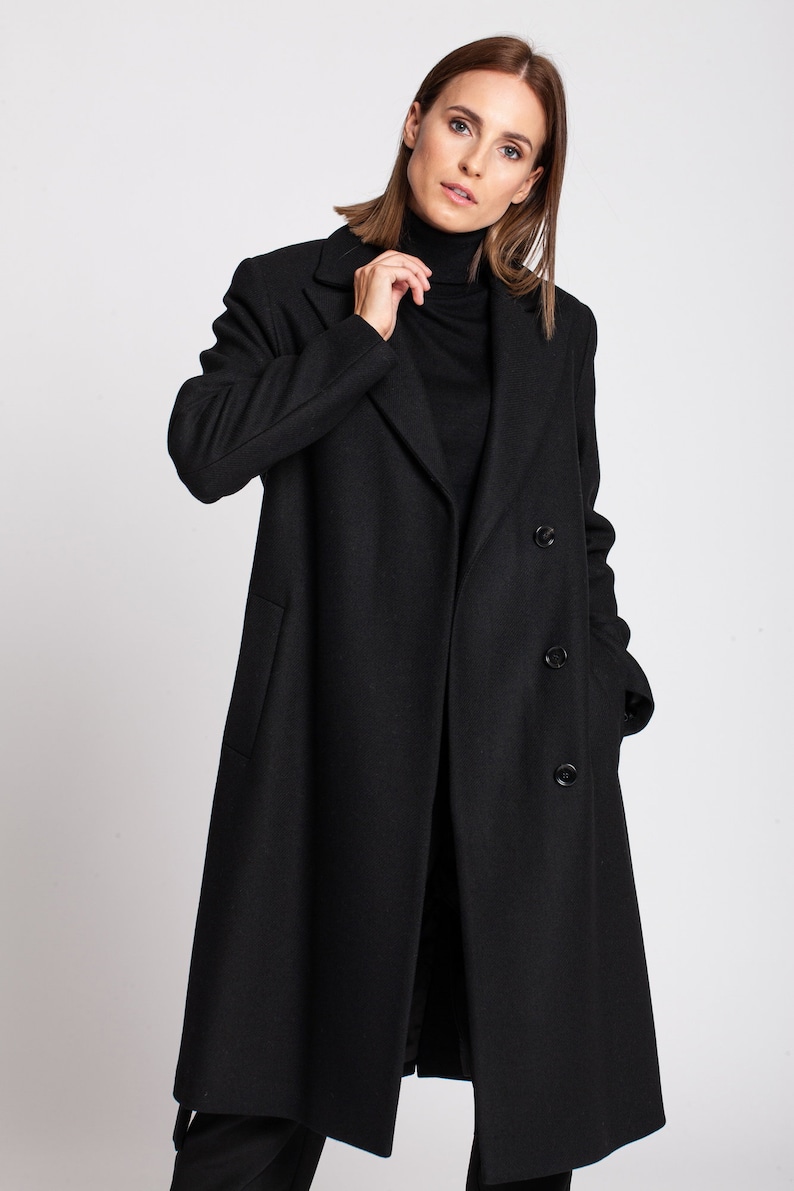 Black Wool Coat Woman Long Wool Coat Women Belted Wool Coat | Etsy