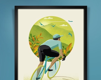 Stampa artistica di ciclismo: "A cavallo con gli uccelli", poster giclée di bicicletta