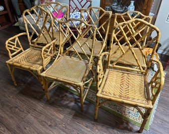 Set of 6 Vintage Burnt Bamboo Rattan Cane Seat Chippendale Dining Chairs