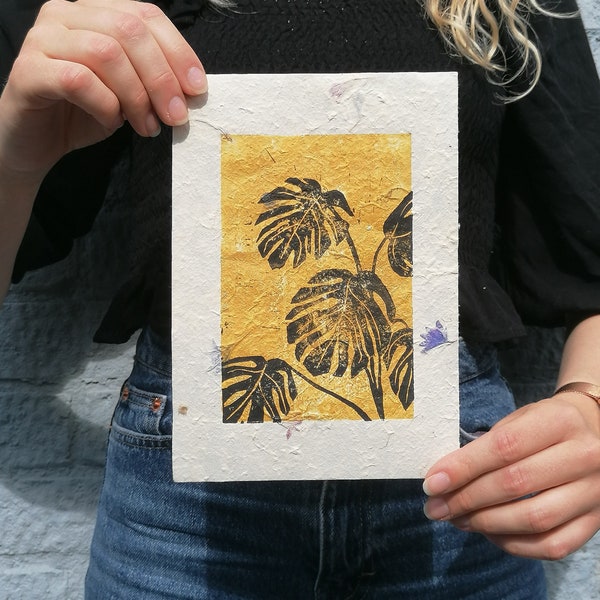 Monstera/ Cheese Plant Lino Print on Botanical Handmade Paper