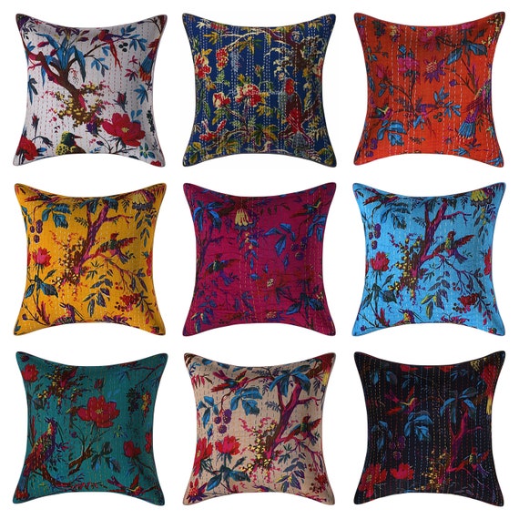 Indian Cotton Cushion Cover Pillow 16X16" Handmade Bird Print Bedroom Decorative 