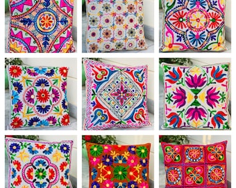 Amaya Crations Indi0an0 Handmade Cushion Cover,Mirror Work Suzani Cushion Cover,Bohemian Colorfull Cotton Cushion Cover Home Decor