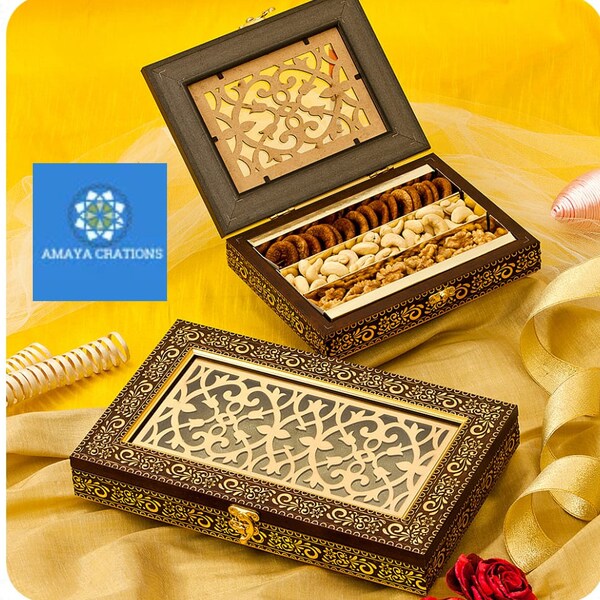 Indian Handcrafted High Quality Finshed Wooden Dry Fruit Box- Kitchen Decorative and storage, Return Gift,Wedding Gift, Pooja Gift Sweet Box