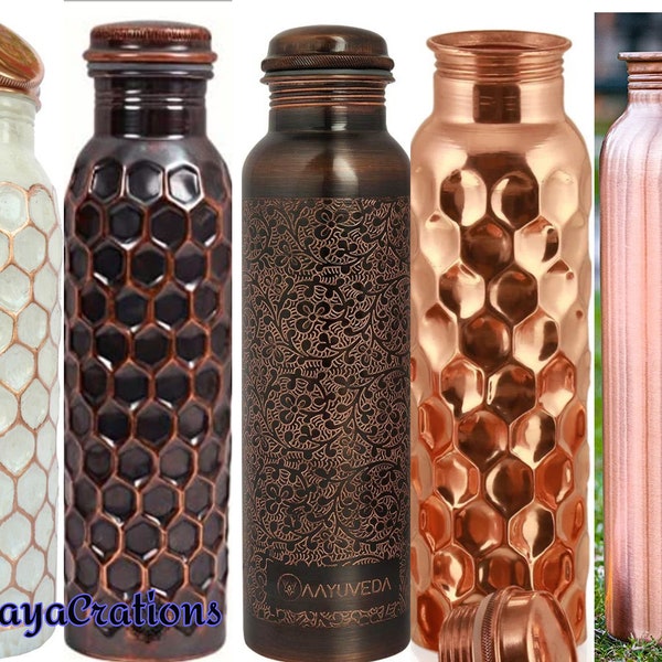 Copper Water Bottle Handcrafted Beautiful Copper Bottle Glass Set - Ayurvedic Healthy Living Wellness Gift- Self Love Fitness Yoga - Gift