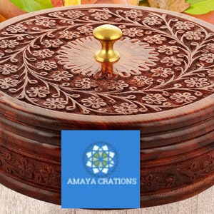 Indian Handcrafted Brass & Wooden Metal Spice Box Kitchen Storage Containers Indian spice/Masala Box/Storage Box/Decorative Round Spice Box
