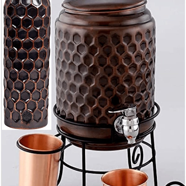 Hammered Pure Copper Water Dispenser Pot Water Storage Tank Pitcher Bottle With 2 Glasses