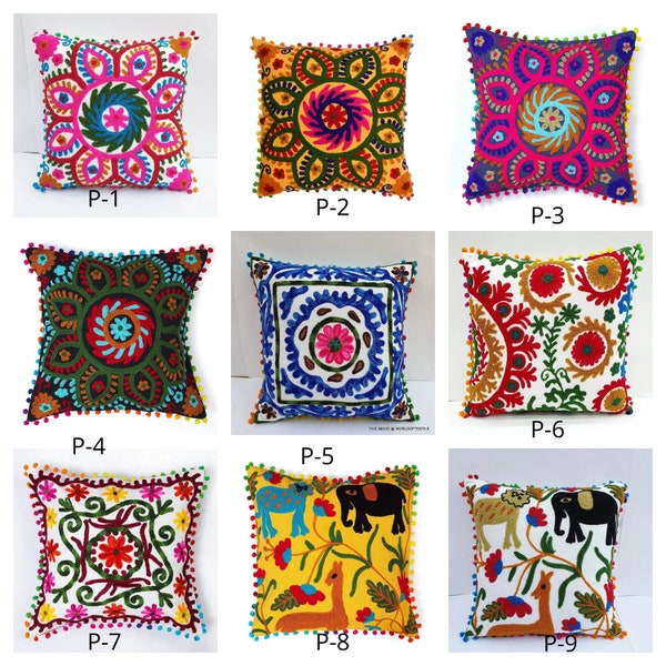 bohemian pillow cover boho cushion cover handmade colorful embraided suzani pillow cover 16x 16"18x18"20"x20"22x22"24x24" indian pillows