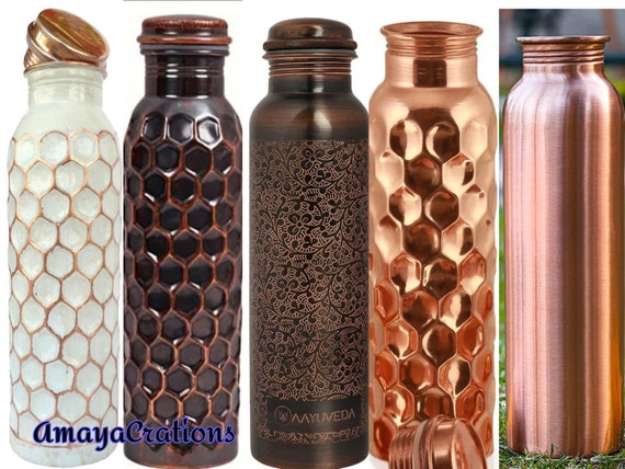 100% Pure Leak Proof  Copper Hammered Water Bottle And 4 Glass 