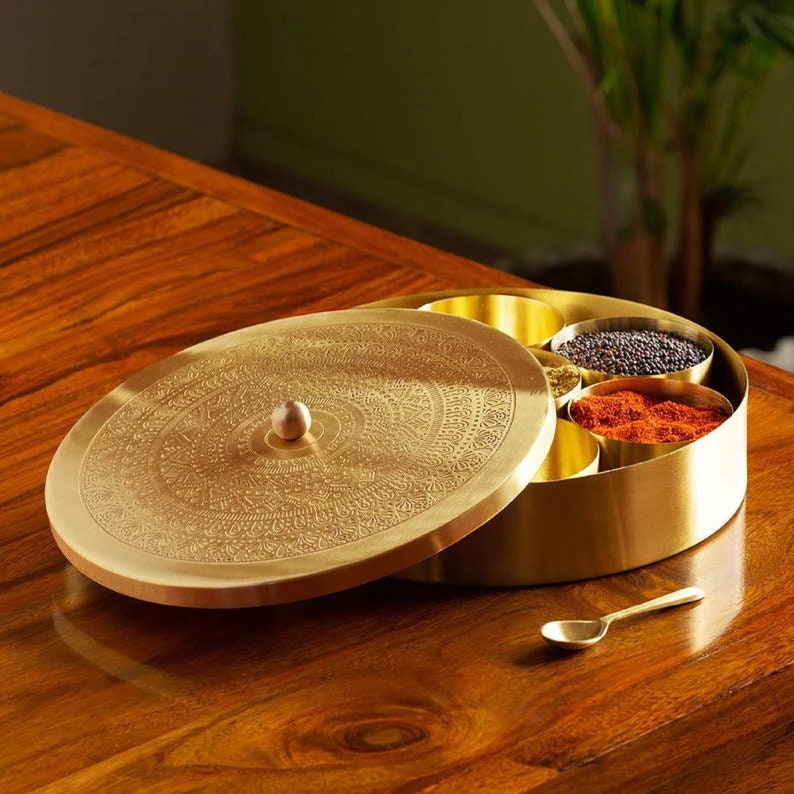 Indian Handcrafted Brass Metal Spice Box Kitchen Storage Etsy