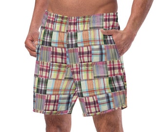 Madras Swim Trunks, Preppy Faux Madras Plaid Print Beach Shorts, Men's Swimwear Surfing Boardshorts, Preppie Quick-Dry Golf Shorts