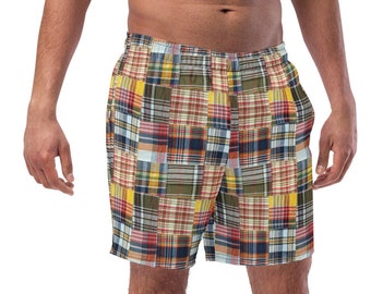 Madras Swim Trunks, Preppy Faux Madras Plaid Print Beach Shorts, Men's Swimwear Surfing Boardshorts, Preppie Quick-Dry Golf Shorts