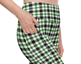 Women's Golf Leggings with Pockets, Classic Green and Black Tattersall Plaid Golf Stretch Pants, Preppy Modern Athletic Yoga Running Pants