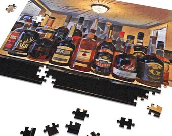 Rare Bourbons Puzzle, Coffee Table Art Painting Print, Gift for Whiskey Drinker Bourbon Collector, Man Cave Game Room Cocktail Bar Decor