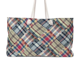 Multicolor Madras Tote Bag, Preppy Faux Madras Plaid Print Weekender Beach Bag, Oversized Tote, Large Handbag, Summer Vacation Carryall