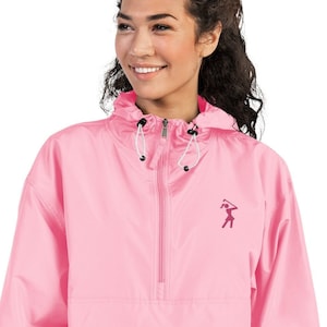 Womens Golf Rain Jacket Iconic Female Golfer Embroidered Champion Packable Windbreaker Half-Zip Pullover with Pockets Gift for Female Golfer