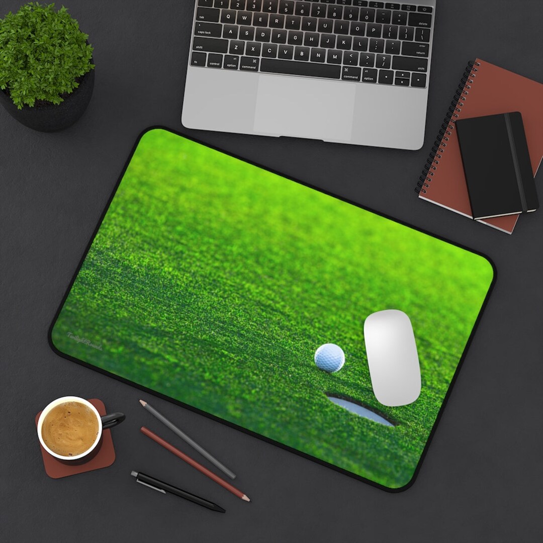 Golf Gift, Golf Desk Mat, Golf Ball and Hole on Grass, Neoprene Desk