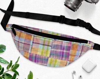 Pink Madras Fanny Pack, Preppy Faux Madras Plaid Print Unisex Crossbody Bag Men's Women's Sling Bag Waist Belt Bag Small Slim Handbag Wallet