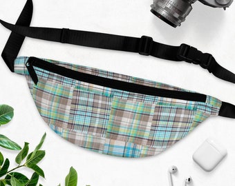 Blue Madras Fanny Pack, Preppy Faux Madras Plaid Print Unisex Crossbody Bag Men's Women's Sling Bag Waist Belt Bag Small Slim Handbag Wallet