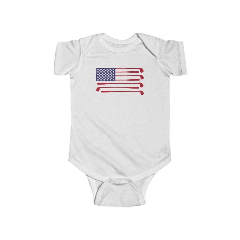 Infant Golf Bodysuit w/ Golf Theme American Flag for Baby, Toddler, Girls, Boys, Patriotic Gift for Golfer Parents, Mom, Dad, Future Golfers White