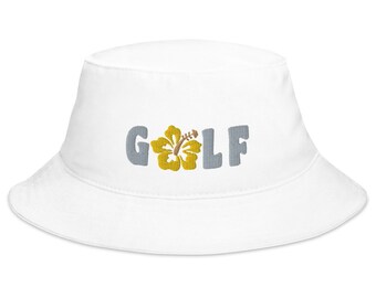 Golf Bucket Hat with a Tropical Hibiscus Flower in Yellow and Gold, Wide Brim Sun Hat, Beach Hat, Golf Tournament Spectator Hat, Golfer Gift