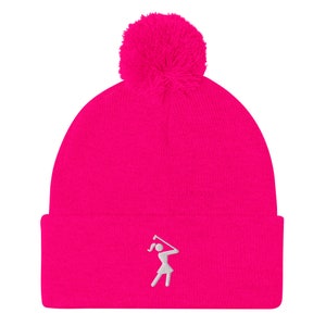 Womens Golf Hat, Iconic Female Golfer Knit Beanie, Golf Gifts for Her, Birthday Gift for Wife Girlfriend Mom Aunt Sister Daughter Grandma Neon Pink