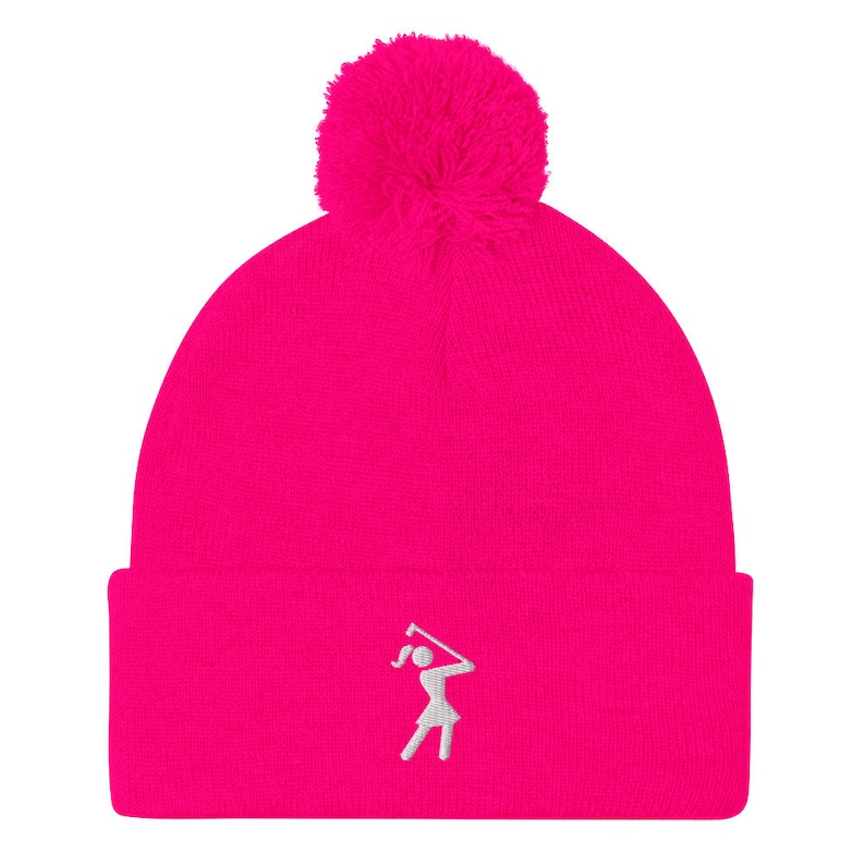 Womens Golf Hat, Iconic Female Golfer Knit Beanie, Golf Gifts for Her, Birthday Gift for Wife Girlfriend Mom Aunt Sister Daughter Grandma Neon Pink