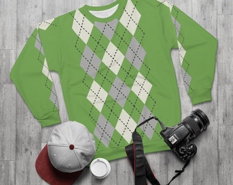 Argyle Golf "Sweater," Modern Preppy Sweatshirt in Ivory, Gray, Black & Turf Green, a stylish updated classic in a comfy, loungewear fabric