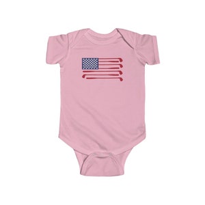 Infant Golf Bodysuit w/ Golf Theme American Flag for Baby, Toddler, Girls, Boys, Patriotic Gift for Golfer Parents, Mom, Dad, Future Golfers Pink