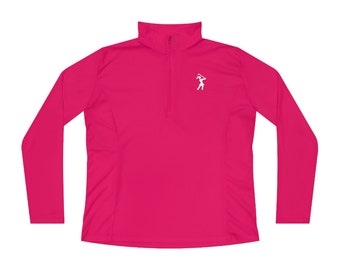 Womens Quarter-Zip Golf Shirt with a Female Golfer Icon, Ladies Long-Sleeve Pullover Polo in Moisture-wicking Polyester Performance Fabric