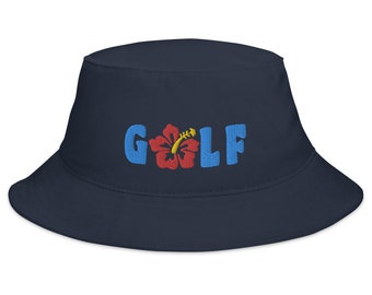 Golf Bucket Hat with a Tropical Hibiscus Flower in Red and Yellow, Wide Brim Sun Hat, Beach Hat, Golf Tournament Spectator Hat, Golfer Gift