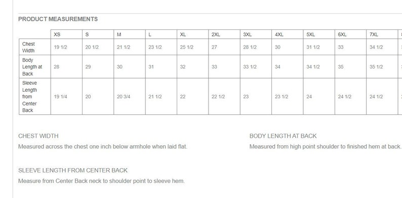 Puede incluir: Una tabla de tallas para ropa con medidas en pulgadas para el ancho del pecho, la longitud del cuerpo en la espalda y la longitud de la manga desde el centro de la espalda. Las tallas van de XS a 8XL.
