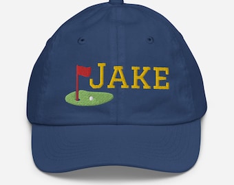 Boys Golf Hat, Flag on Putting Green, Personalized Name or Monogram Youth Baseball Cap Gift for Son, Nephew, Brother, Grandson, Godson