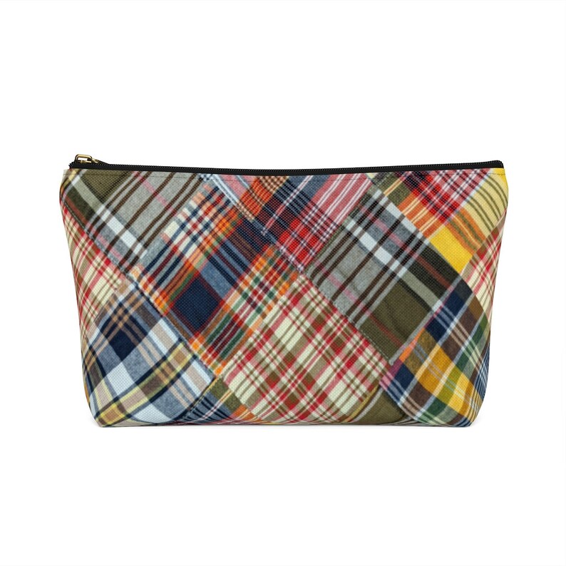 Madras Makeup Bag, Patchwork Plaid Zipper Pouch w T-bottom, Golf Tee Bag, Pencil Case, Coin Purse, Clutch Handbag, Tech Case, Preppy Gift image 9