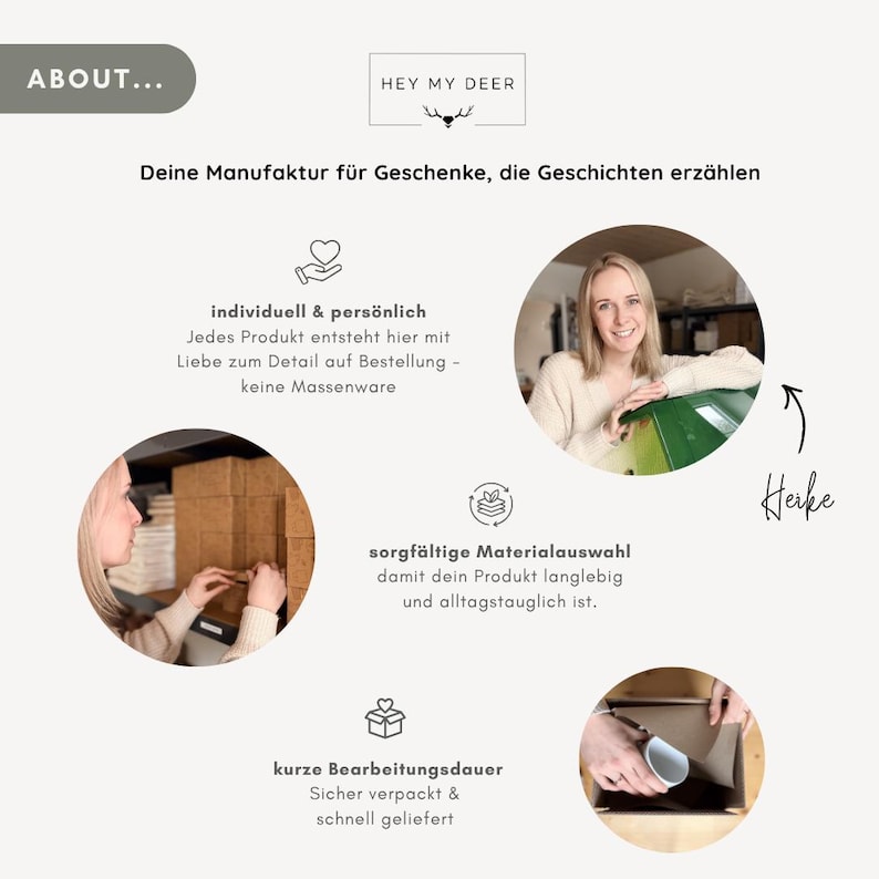 May include: A promotional image with the text "HEY MY DEER" and "ABOUT..." in a light beige color scheme. The image includes text in German describing the company's values, such as personalized products and careful material selection.
