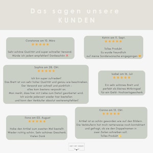 May include: Image of customer reviews in German. The reviews are in gray boxes with star ratings and text. The text includes phrases like "super zufrieden" and "Tolles Produkt". The logo "HEY MY DEER" is at the bottom.