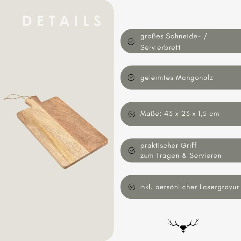 May include: A rectangular wooden cutting board with a handle. The board is made of light and dark brown wood. The text "DETAILS" is at the top left. The dimensions are 43 x 23 x 1.5 cm.