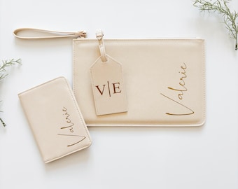 Personalized travel set with name - passport holder, luggage tag, document/accessory pouch - gift for holidays, gap year, travel