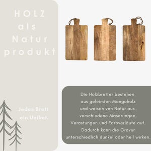 May include: Three wooden cutting boards with a natural wood grain pattern. Each board has a handle with a leather loop. The boards are made of mango wood. Text on the left reads "HOLZ als Natur produkt" and "Jedes Brett ein Unikat."