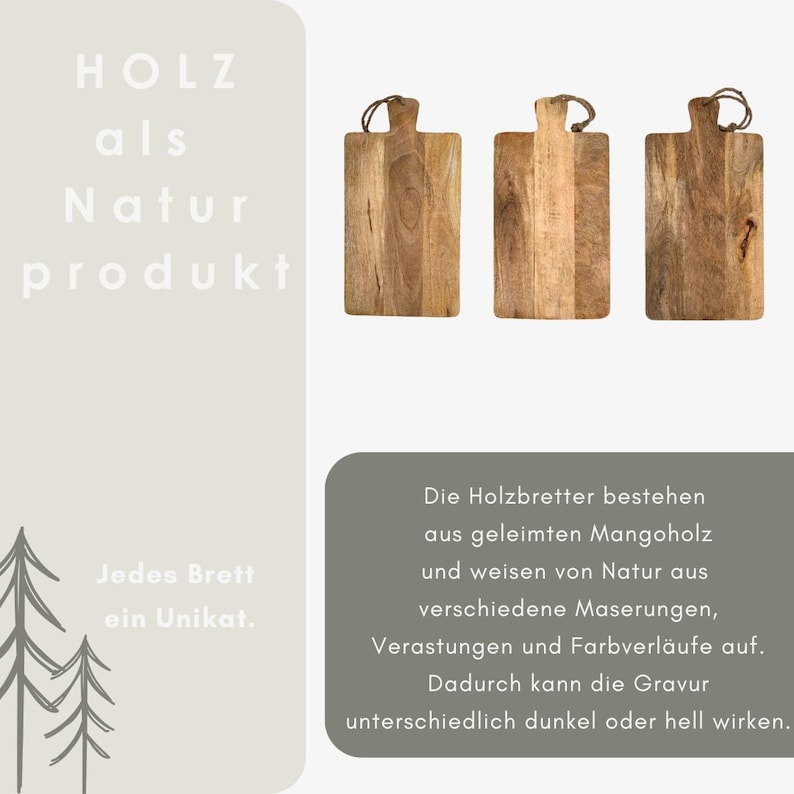 May include: Three wooden cutting boards with a natural wood grain pattern. Each board has a handle with a leather loop. The boards are made of mango wood. Text on the left reads "HOLZ als Natur produkt" and "Jedes Brett ein Unikat."