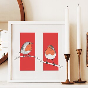 Red Robins piccola stampa quadrata - Art Print Poster - Giclée Print - Due pettirossi su uno sfondo rosso e bianco - Natura, Bird Poster Print