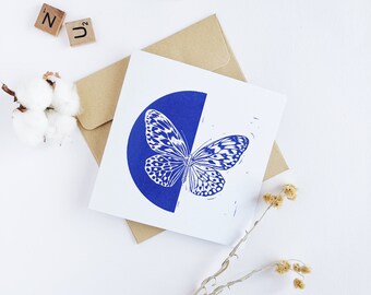 Blue Butterfly digital lino cut card, recycled, made in France, greetings card