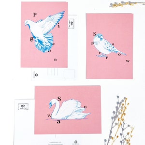 PACK de 3 - Cartes Postales -Oiseaux de Paris - Pigeon, moineau, cygne - fait main - papier recyclé - Made in France
