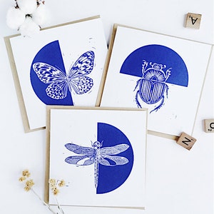 PACK de 3 - Cartes de voeux - Insecte bleu - Linogravure digital - papier recyclé - Made in France