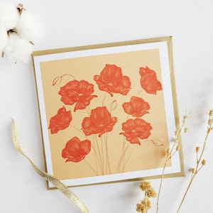 Coquelicots carte de voeux - fait main, motif à fleurs coquelicots rouge, papier recyclé, Made in France, carte fleurs, carte de voeux
