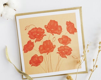 POPPY CARD - Yellow, orange and red, pencil drawn, poppies flower card, recycled, made in France, greetings card, poppy card, flower card